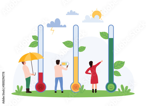 Thermometer scale as meter for measuring level of tension, stress and emotions, productivity control. Tiny people rating mood with happy, neutral and anger expression cartoon vector illustration