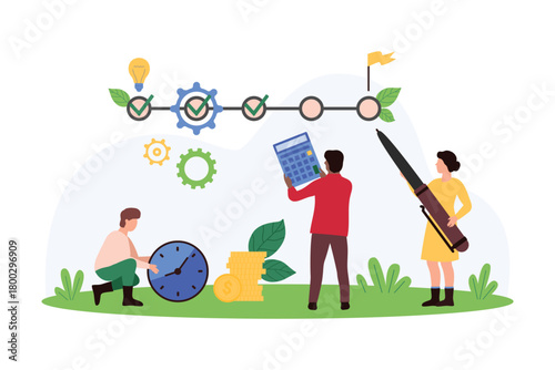 Business project change, task management with horizontal timeline tracker chart. Tiny people mark completed goals and achievements on milestones from light bulb to flag cartoon vector illustration