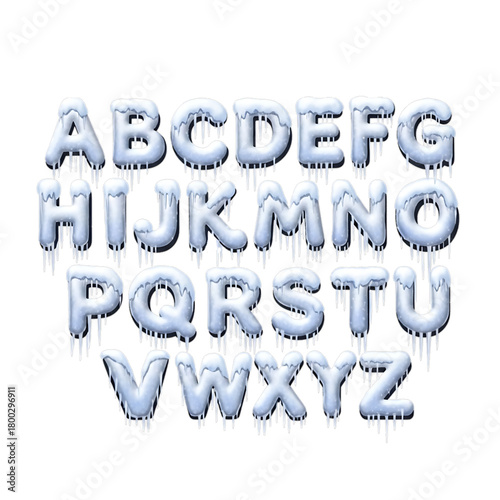 Alphabet letters shaped from glittery snow texture.