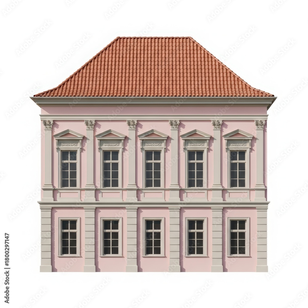 Fototapeta premium Elegant historical building with a red tiled roof and ornate facade featuring multiple windows and classical architectural details
