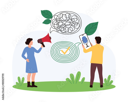 Bad business communication, miscommunication problem solving in negotiation, empathy and active listening soft skill. Tiny people with clear and unclear speech messages cartoon vector illustration