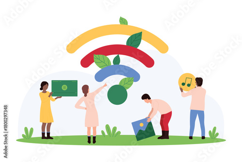Data download using wireless internet connection. Tiny people holding icons of video and music, pictures to send and upload social media content, share with friends cartoon vector illustration