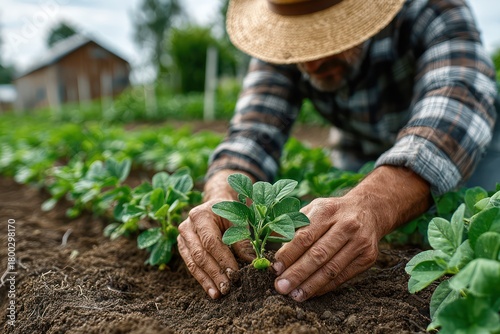 Manual Organic Farming: Hands Tend Young Soybean Plants Outdoors