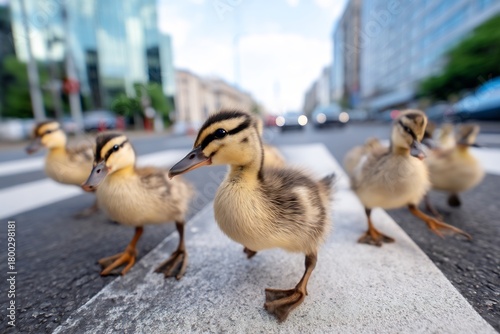Fototapeta Naklejka Na Ścianę i Meble -  Ducklings crossing the street on a crosswalk in the city on a sunny day