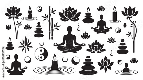 Collection of zen and meditation icons black silhouette vector elements for spa and wellness isolated on white background