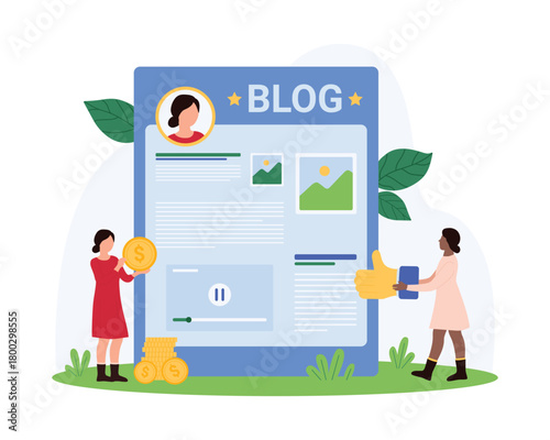 Boost blog monetization, monetary gain, benefits and recognition to digital content of blogger. Tiny people holding gold coins and thumbs up symbol at authors web page cartoon vector illustration
