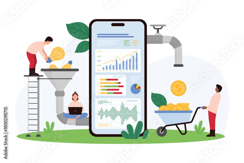 Data analysis, funnel for light bulb flow conversion in gold coins using financial analytics in mobile app. Tiny people monetize ideas, make money with analytic software cartoon vector illustration