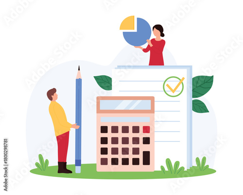 Accounting and audit, financial analytics and data analysis. Tiny people holding pencil and pie chart, work with calculator to analyze family or corporate budget, calculate cartoon vector illustration