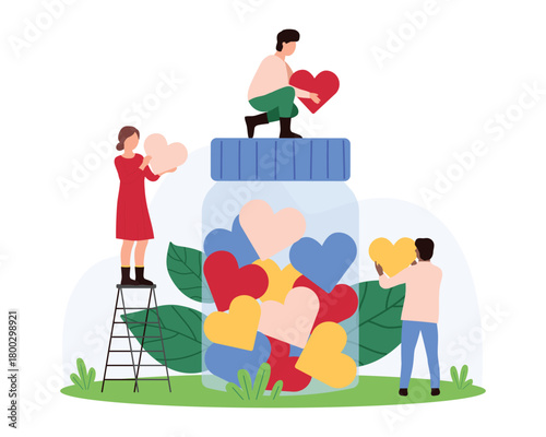 Charity, help and support of generous community to poor people, donation campaign for social awareness. Tiny volunteers collect hearts in big glass jar, give hope and care cartoon vector illustration