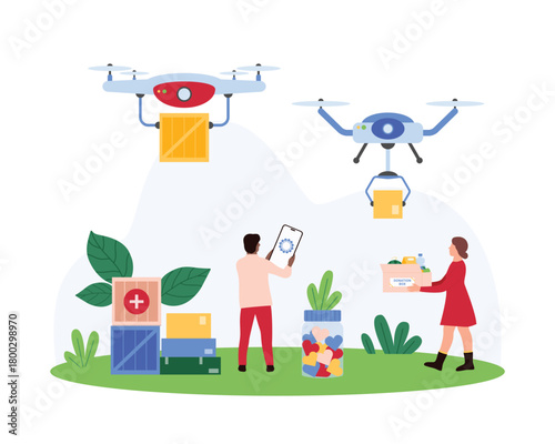 Charity, delivery of boxes of humanitarian aid and distribution to needy people, work of charitable organization. Drones delivering donations packages to tiny volunteers cartoon vector illustration