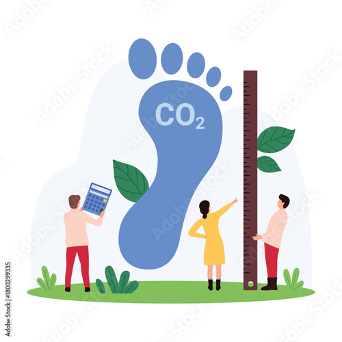 Carbon footprint pollution measurement, environmental effect of greenhouse gas and emissions impact research. Tiny people measure CO2 foot print with ruler and calculator cartoon vector illustration