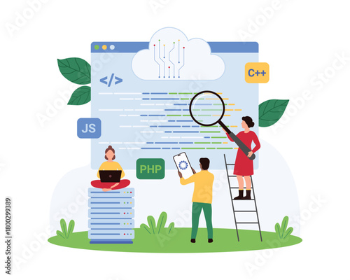 Software code research and optimization, digital information or script analysis. Tiny people test commands with magnifying glass, programmers and testers work on mobile app cartoon vector illustration