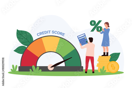 Credit score meter, rating and finance history of consumer for bank mortgage, risk measurement. Tiny people with speedometer and calculator calculate loan percentage cartoon vector illustration