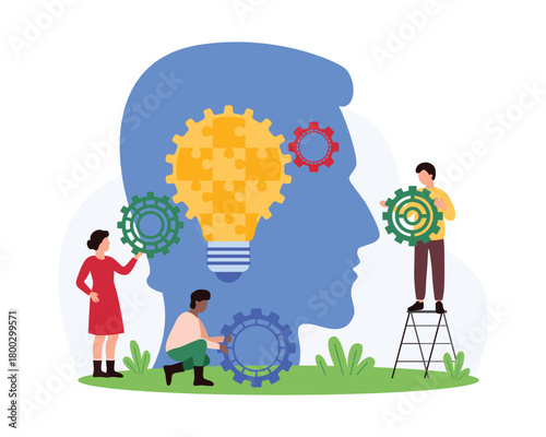 Innovation business solution, brainstorm progress on creative idea, insight. Tiny people holding gears at silhouette of entrepreneurs head with puzzle light bulb inside cartoon vector illustration