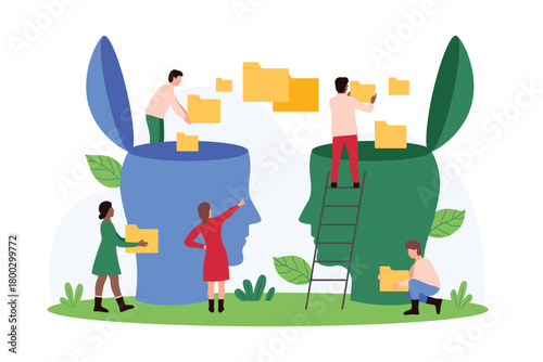 Data exchange and info communication progress, information and knowledge transfer in learning, training. Tiny people share folders with files between two human heads cartoon vector illustration