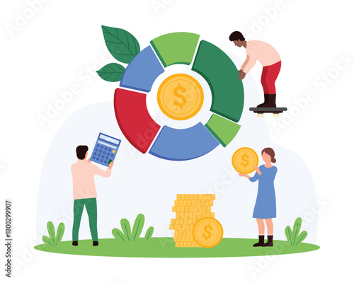 Financial analytics and data research, econometrics for business analysis. Tiny people holding circular segment of infographic pie chart ring, calculator and gold coin cartoon vector illustration