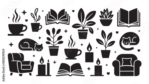 Cozy home icon set vector illustration of reading and relaxation elements perfect for creating a warm and inviting atmosphere
