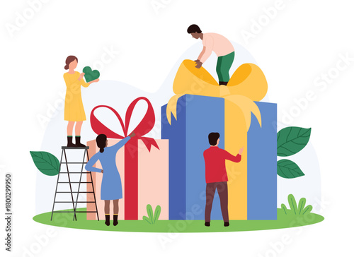 Gift and benefits, incentive reward and discount for friends and clients, loyalty bonus of referral campaign. Tiny people get or give huge present boxes with ribbon bow cartoon vector illustration