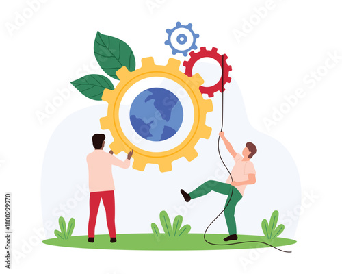 Global tech development, business digital ideas and AI solutions for manufacture management. Tiny people moving mechanism with gears, cogwheels and globe of Earth inside cartoon vector illustration