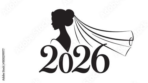 Elegant 2026 wedding invitation design featuring a bride silhouette with veil vector graphic for marriage announcement