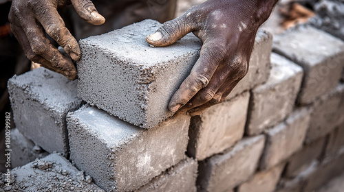Wallpaper Mural Worker’s hands building a wall from aerated concrete blocks, showing construction in progress, manual labor, and precision in assembling prefabricated masonry materials. Torontodigital.ca