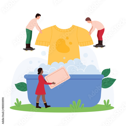 Laundry service, process of washing clothes, domestic chores and housework. Tiny people holding soap and dirty tee shirt to wash stains in basin with detergent foam cartoon vector illustration
