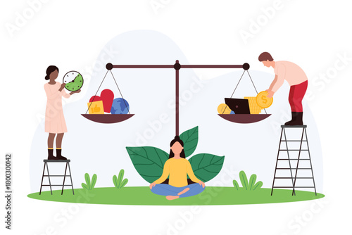 Work and life balance comparison. Tiny people weigh heart with free lifestyle and success of professional career in office on scales, choice of relationship vs money cartoon vector illustration
