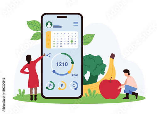 Calorie counting, food tracking and planning in mobile app. Tiny people work on weight loss with online nutrition planner, calendar and counter on smartphone screen cartoon vector illustration