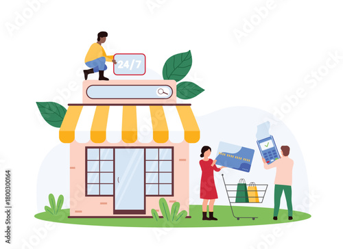Customer service, support and consulting advice in online store open always, around clock and every day. Tiny people pay with credit card for purchases in shopping bags cartoon vector illustration