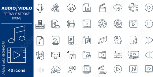 Audio and Video Media Production Vector Icons. Set of 40 line art symbols for music, filming, and editing. Includes clapperboard, equalizer, and microphone for media projects
