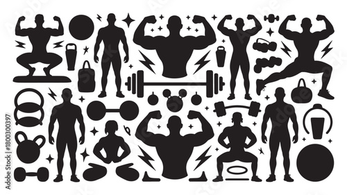 Set of fitness and bodybuilding icons vector silhouette illustration for gym and workout concepts isolated on white background