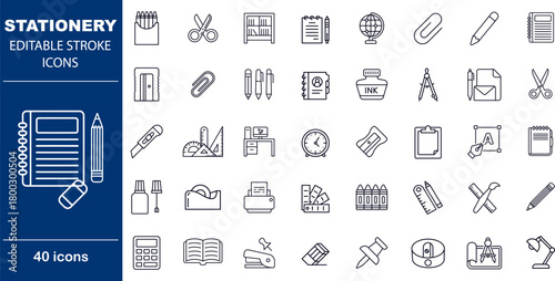 Stationery and Office Supplies Vector Icons. Set of 40 line art symbols for school, work, and creative projects. Includes pencils, rulers, scissors, and tape