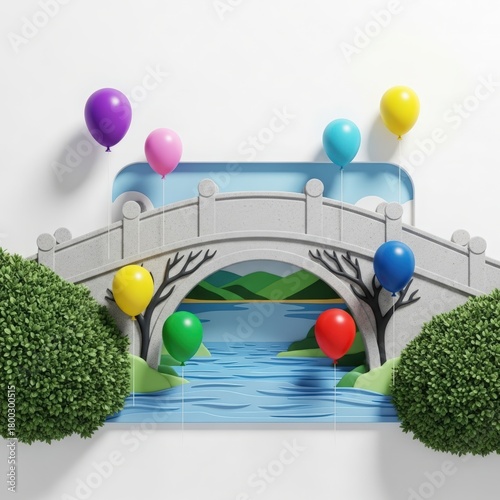 Whimsical miniature bridge with colorful balloons floating above a tranquil blue water scene