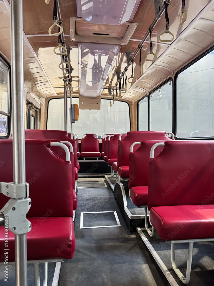 Fototapeta premium Seats in an empty old bus, metro, cabin, transport