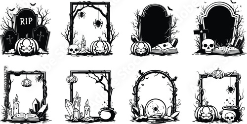 Collection of spooky halloween frames and borders with skulls and pumpkins