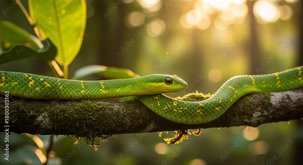 Obraz premium green snake on a tree branch