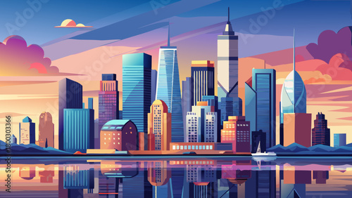 Very beautiful panoramic composition showcasing the sweeping skyline of Lower Manhattan alongside New Jersey’s waterfront, highlighting modern towers, shimmering reflections, and a harmonious urban ho
