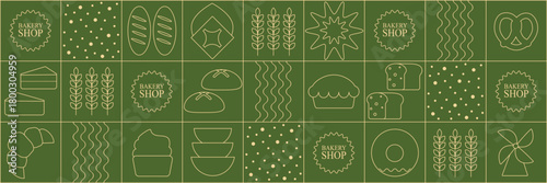 Bread and pastries background. Abstract bakery menu background with line drawing. Geometric pattern bread, croissant, donut. Bakery line pattern.