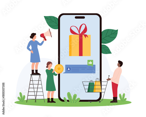 Marketing loyalty program, discount and benefits, surprise reward to referrals. Tiny people win gift box on mobile phone screen, promotion of exclusive prize with megaphone cartoon vector illustration