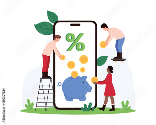 Money savings, cashback on purchases and gift bonuses, cash rewards and discount in online store. Tiny people throw gold coins into piggy bank on mobile phone screen cartoon vector illustration