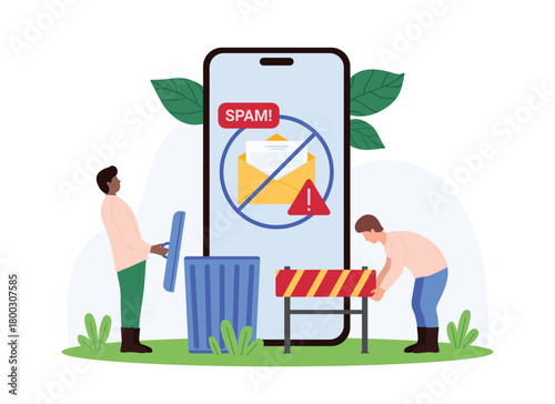 Remove mail letters from mobile app mailbox, spam alert detection. Tiny people cleaning incoming unwanted SMS messages and emails, delete documents on smartphone screen cartoon vector illustration