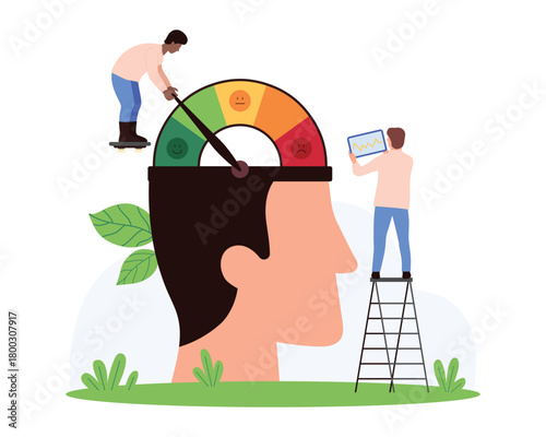 Stress management and control. Tiny people reduce level of pressure, anxiety and depression problem from bad to good mood on speedometer scale inside open human head cartoon vector illustration