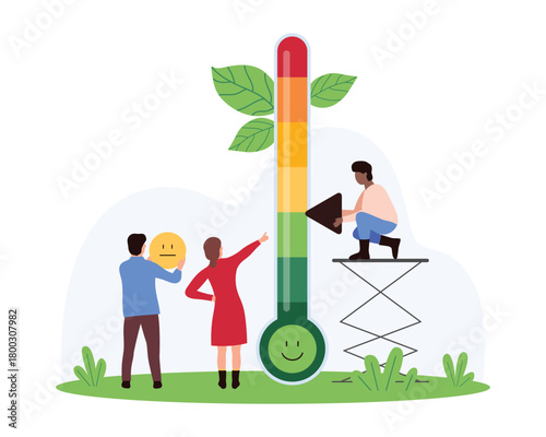 Stress level measurement and control. Tiny people measure human emotions and pain on scales of infographic thermometer, rating positive and negative mood, holding emoji cartoon vector illustration