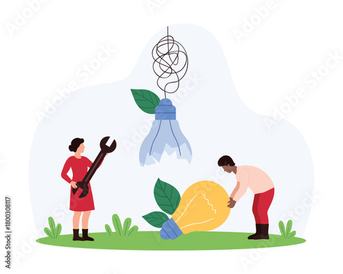 Business process improvement, technical support for project innovation. Tiny people replace broken light bulb with bright lamp, improve system performance with new ideas cartoon vector illustration