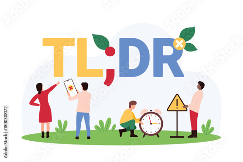 TLDR abbreviation, Too Long Didnt Read. Tiny people pointing at TLDR text of internet lexicon and warning sign, slang opinion for comment about article on social media blog cartoon vector illustration