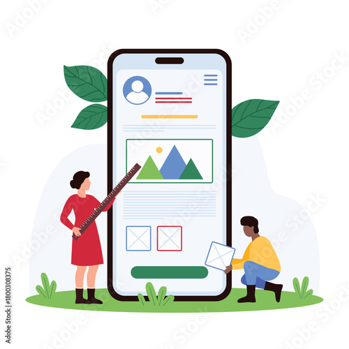 Website design creation or redesign process in mobile app. Tiny people build user interface on phone screen, UX UI designers create application with web page elements cartoon vector illustration