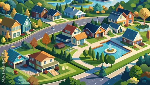 Very beautiful aerial depiction of a peaceful residential district in Sayreville, showing neatly arranged single-family homes, tree-lined streets, and a small reflective pond creating a calm suburban 