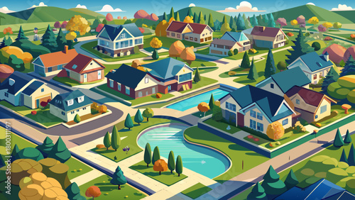 Very beautiful aerial depiction of a peaceful residential district in Sayreville, showing neatly arranged single-family homes, tree-lined streets, and a small reflective pond creating a calm suburban 