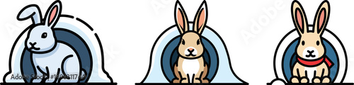 Three cartoon rabbits of different colors and styles sitting in circular burrow entrances, including a white rabbit, a brown rabbit, and a beige rabbit with a red scarf on a transparent background.