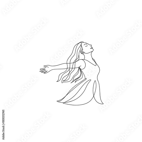 Serene woman in flowing dress expressing freedom and joy with open arms, minimalist design for wellness and empowerment concepts